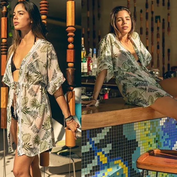 Miken • SWIM Leaf Printed Tie-Front Kimono Cover for Beach or Pool - Picture 4 of 15